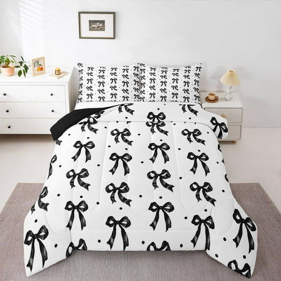 Feelyou Polkadts Ribbon Queen Comforter Set, Fashion Bow Bedding Comforter Set, 3pcs