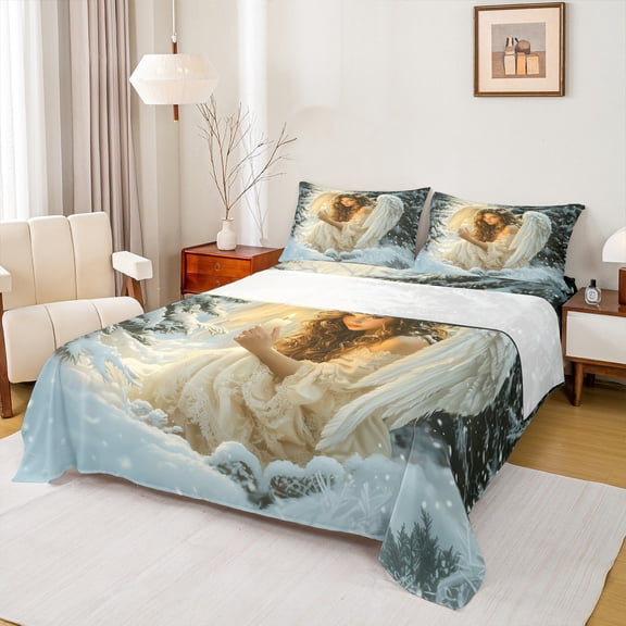 Feelyou Princess Angel Child Bed Sheets, Winter Snow Pine Tree King Sheets, Merry Christmas Sheet Set, Lightweight Room Decor, 4 Pieces