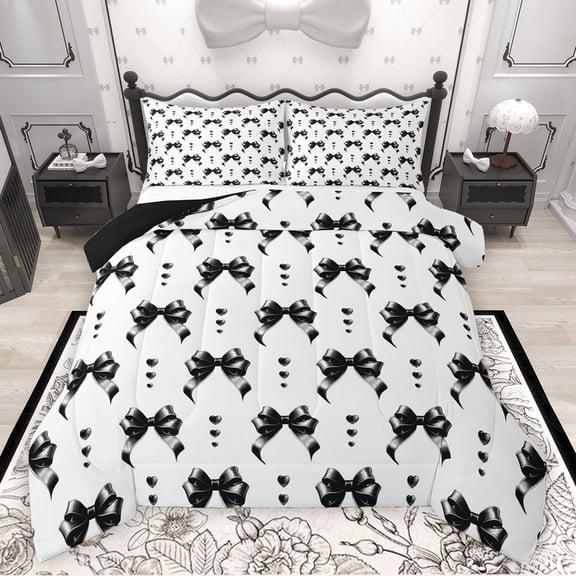 Feelyou Princess Black Bowknot Queen Comforter Set, Chic Cartoon Bow-tie Bedding Sets, Teens Kids Girls Women Reversible Bedding Comforter Set, Microfiber Bedroom Decor, 3pcs
