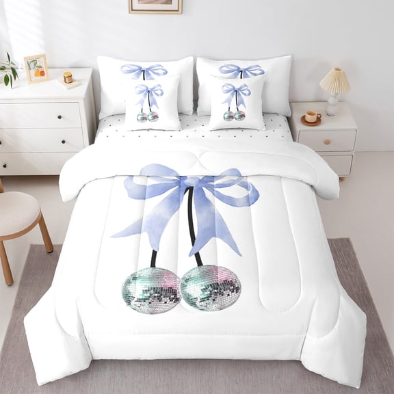 Feelyou Princess Blue Bowknot Bedding Comforter Set 7pcs, Chic Disco Ball Queen Bedding Sets, Teen Boy Girl Kid Reversible Queen Sheet Sets, Breathable Home Decor