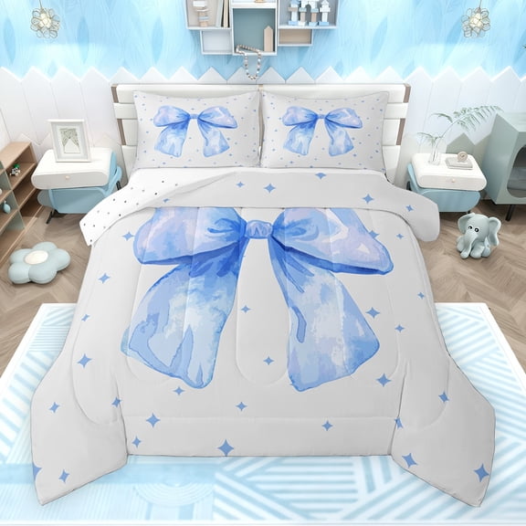 Feelyou Princess Blue Bowknot Bedding Comforter Set for Kids, Cartoon Watercolor Ribbon Twin Comforter Sets, Dreamy Stars Reversible Bedding Set, Breathable Home Decor, 2 Pieces