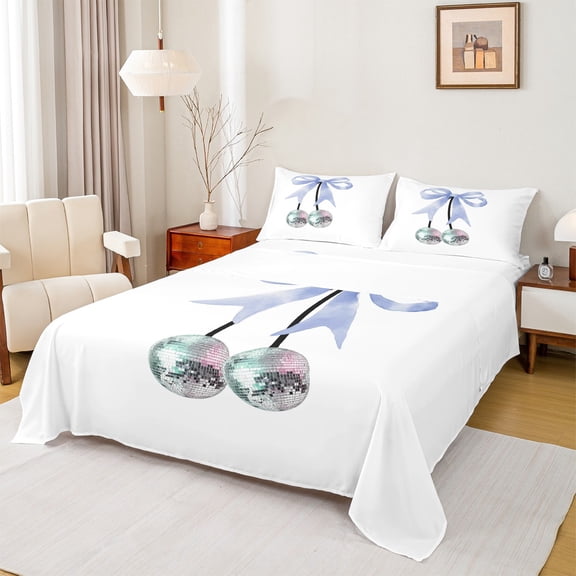 Feelyou Princess Blue Bowknot Queen Sheet Sets, Chic Disco Ball Flat Sheet, Teen Boy Girl Kid Queen Fitted Sheet, Breathable Home Decor, 4pcs