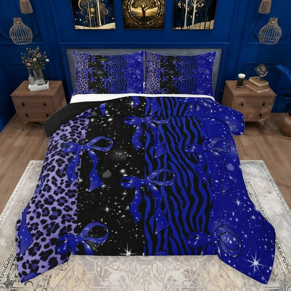 Feelyou Princess Blue Ribbon Bedding Comforter Set for Kids, Fashion Bowknot Bow-tie Twin Comforter Sets, Leopard Cheetah Print Reversible Bedding Set, Lightweight Room Decor, 2 Pieces