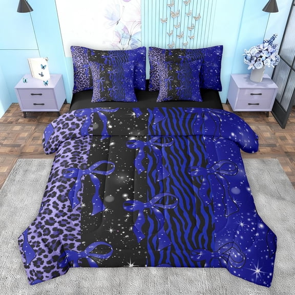 Feelyou Princess Blue Ribbon Twin Bedding Sets 7-Piece for Kids, Fashion Bowknot Bow-tie Bedding Comforter Set, Leopard Cheetah Print Reversible Sheet Sets, Lightweight Room Decor