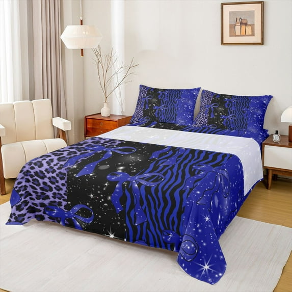 Feelyou Princess Blue Ribbon Twin Sheet Sets for Kids, Fashion Bowknot Bow-tie Twin Fitted Sheet, Leopard Cheetah Print Flat Sheet, Lightweight Room Decor, 3 Pieces