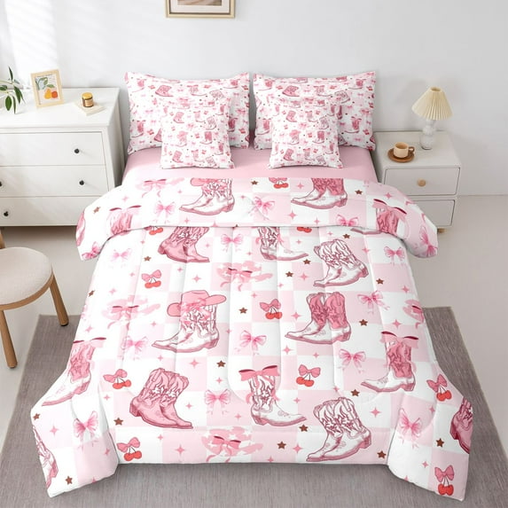 Feelyou Princess Bow Boot Bedding Comforter Set 7pcs, Pink Buffalo Plaid Full Bedding Set