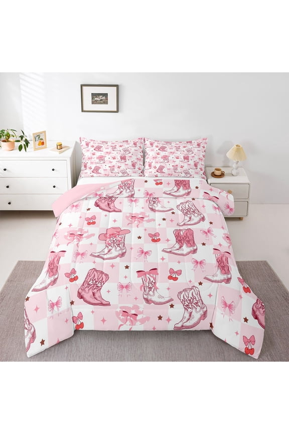 Princess Bow Boot Twin Comforter Sets, Pink Buffalo Plaid Bedding Set, 2 Pieces