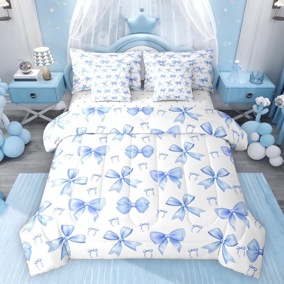 Feelyou Princess Bow-tie Bedding Comforter Set 7pcs, Blue Cartoon Ribbon King Bedding Sets