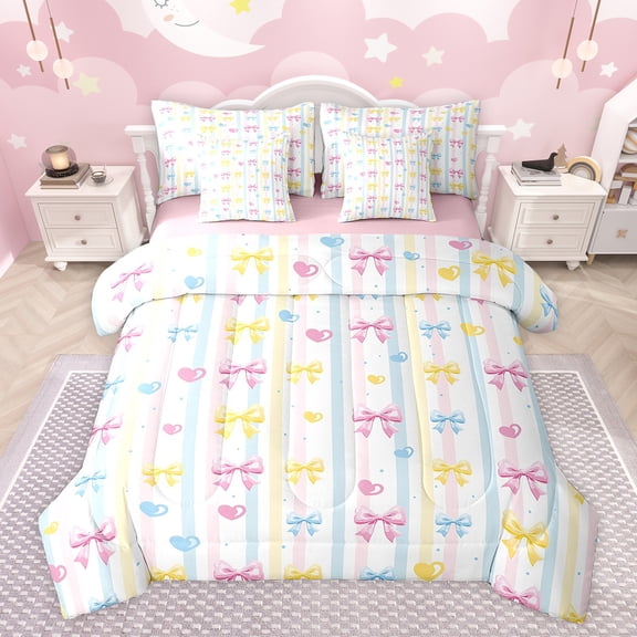 Feelyou Princess Bow-tie Kids Bedding Comforter Set 7 Pieces, Kawaii Love Heart Full Bedding Set, Fairy Tale Bowknot Reversible Fitted Sheet Flat Sheet, Luxury Bedroom Decor