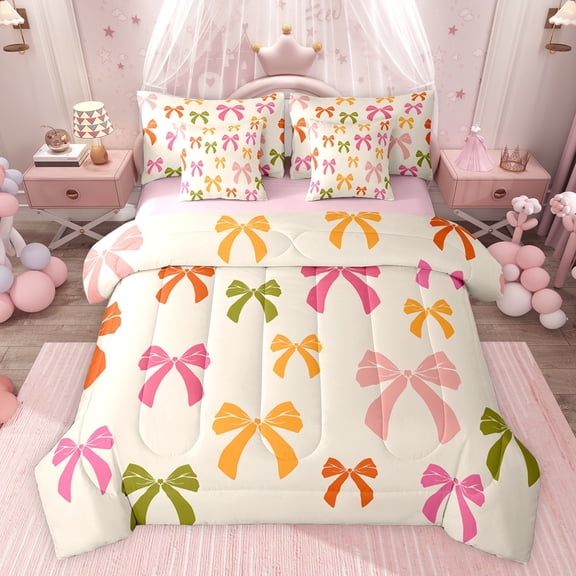 Feelyou Princess Bow-tie Kids Bedding Comforter Set 7pcs, Kawaii Princess Ribbon Queen Bedding Sets, Fairy Tale Theme Reversible Queen Sheet Sets, Microfiber Bedroom Decor