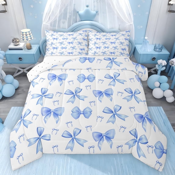 Feelyou Princess Bow-tie Queen Comforter Set, Blue Ribbon Bedding Comforter Set, 3pcs