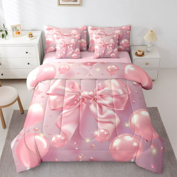Feelyou Princess Bowknot Balloon Twin Bedding Sets 7pcs, Pink Fashion Party Comforter Set