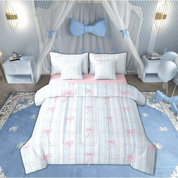 Feelyou Princess Bowknot Bedding Comforter Set 7 Pieces, Blue Stripes Geometric Full Bedding Set, Dreamy Fairy Tale Reversible Fitted Sheet Flat Sheet, Ultra Soft Home Decor