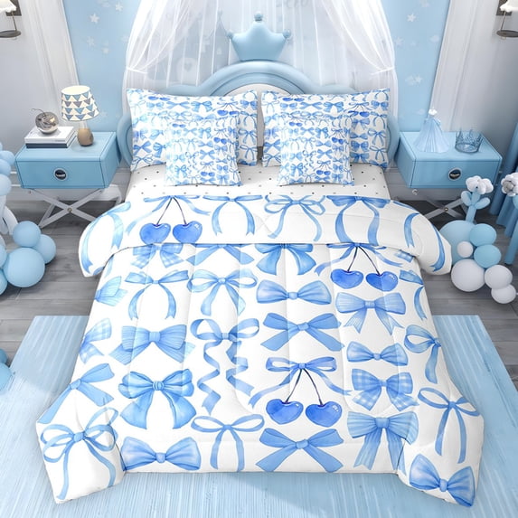 Feelyou Princess Bowknot Bedding Comforter Set 7 Pieces, Kawaii Ribbon Full Bedding Set