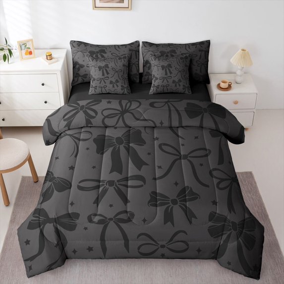 Feelyou Princess Bowknot Bedding Comforter Set 7pcs, Black Cartoon Stars Full Bedding Set