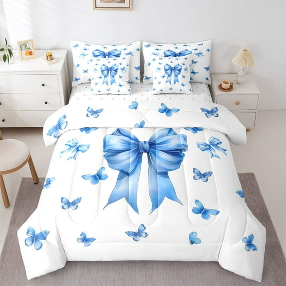 Feelyou Princess Bowknot Bedding Comforter Set 7pcs, Blue Butterfly Queen Bedding Sets