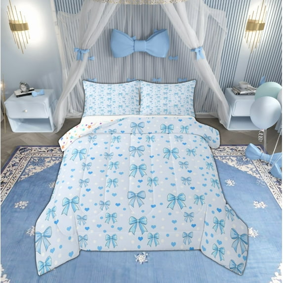Feelyou Princess Bowknot Girls Queen Comforter Set, Blue White Bedding Sets, Kawaii Cartoon Ribbon Reversible Bedding Comforter Set, Ultra Soft Home Decor, 3-Piece