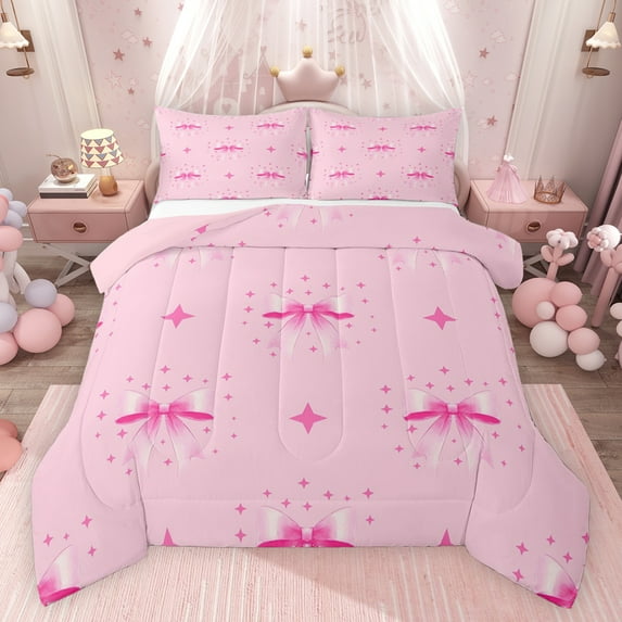 Feelyou Princess Bowknot Kids Queen Comforter Set, Kawaii Cartoon Stars Bedding Sets, Cute Bow-tie Theme Reversible Bedding Comforter Set, Lightweight Room Decor, 3 Pieces