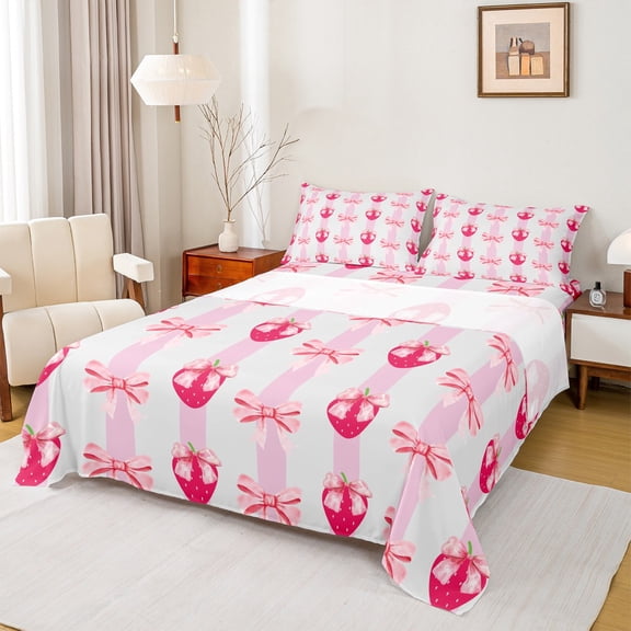 Feelyou Princess Bowknot Kids Twin Sheet Sets, Cartoon Strawberry Twin Fitted Sheet, Fashion Bow-tie Theme Flat Sheet, Microfiber Bedroom Decor, 3-Piece