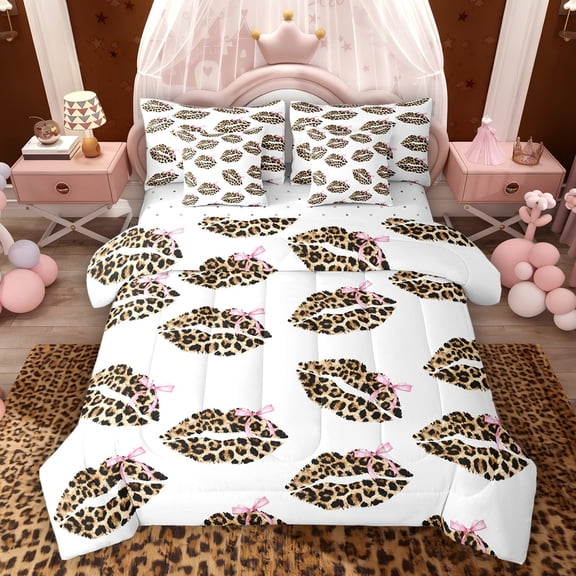 Feelyou Princess Bowknot Lips Bedding Comforter Set 7pcs, Cheetah Print Queen Bedding Sets