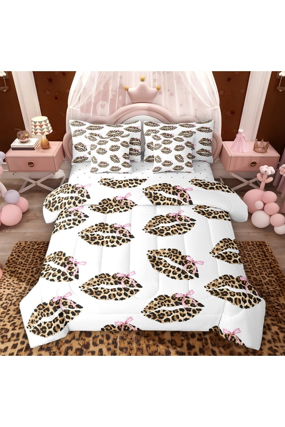 Princess Bowknot Lips Bedding Comforter Set 7pcs, Cheetah Print Queen Bedding Sets