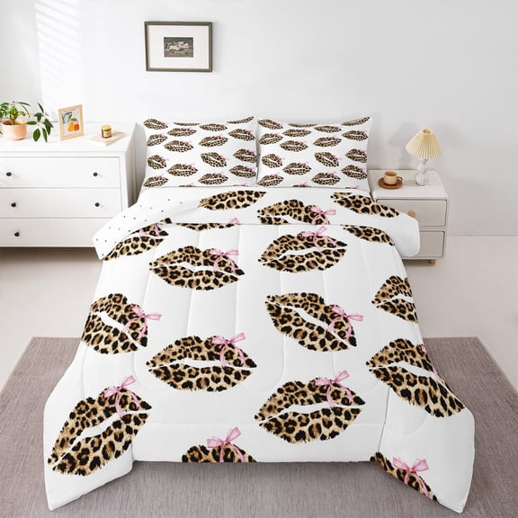 Feelyou Princess Bowknot Lips Full Size Comforter Sets, Cheetah Print Bedding Sets, 3pcs