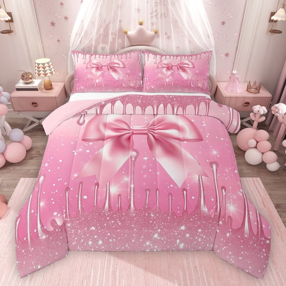 Feelyou Princess Bowknot Pink Bedding Comforter Set, Fashion Sequin Print Twin Comforter Sets, Teens Kids Girls Women Reversible Bedding Set, Super Cozy Room Decor, 2-Piece