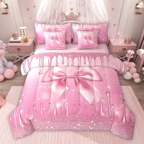Feelyou Princess Bowknot Pink Twin Bedding Sets 7-Piece, Fashion Sequin Print Bedding Comforter Set, Teens Kids Girls Women Reversible Sheet Sets, Super Cozy Room Decor
