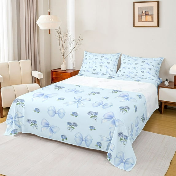 Feelyou Princess Cartoon Bow Queen Sheet Sets, Romantic Blue Rose Bed Set, 4-Piece
