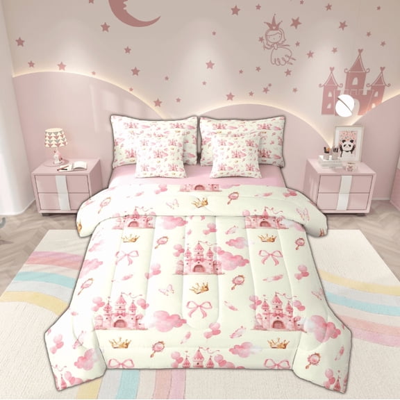 Feelyou Princess Castle Twin Bedding Sets 7-Piece, Dreamy Galaxy Cloud Bedding Comforter Set, Cartoon Bowknot Bow Reversible Sheet Sets, Microfiber Bedroom Decor