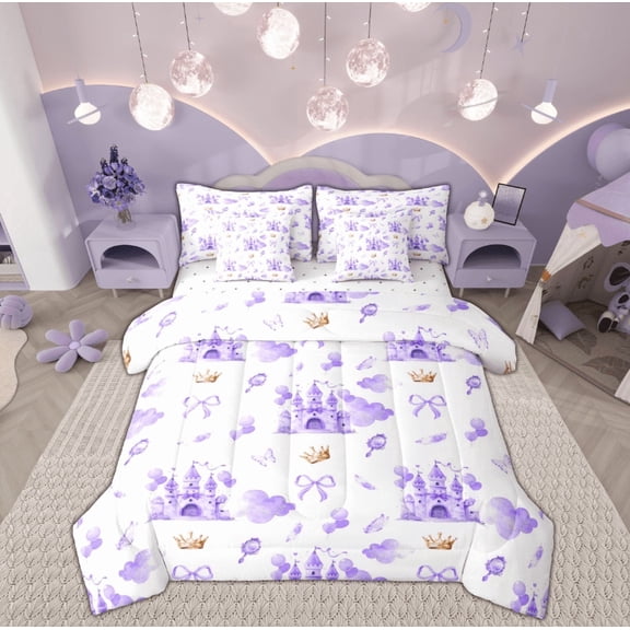 Feelyou Princess Castle Twin Bedding Sets 7-Piece, Dreamy Galaxy Cloud Bedding Comforter Set, Cartoon Bowknot Bow Sheet Sets, Ultra Soft Home Decor