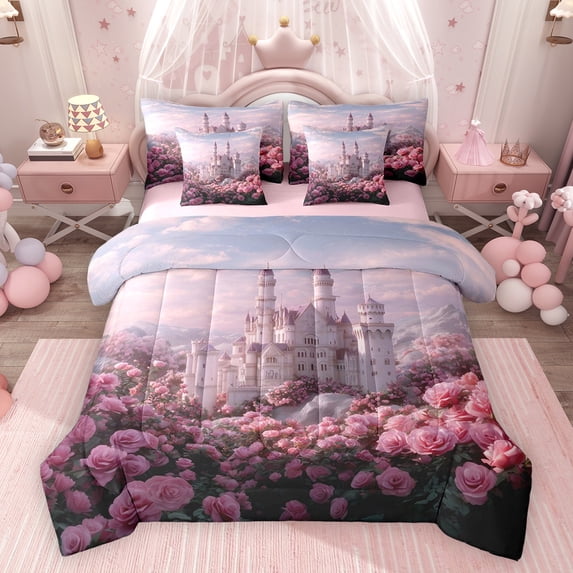 Feelyou Princess Castle Twin Bedding Sets 7pcs, Pink Rose Dlwoer Bedding Comforter Set