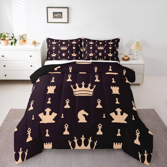 Feelyou Princess Crown Bedding Comforter Set for Teens, Cartoon Chess Print Twin Comforter Sets, King and Queen Reversible Bedding Set, Luxury Bedroom Decor, 2 Pieces