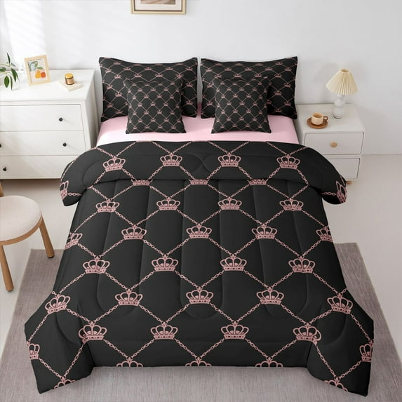 Feelyou Princess Crown Twin Bedding Sets 7-Piece, Cartoon Black Pink Bedding Comforter Set