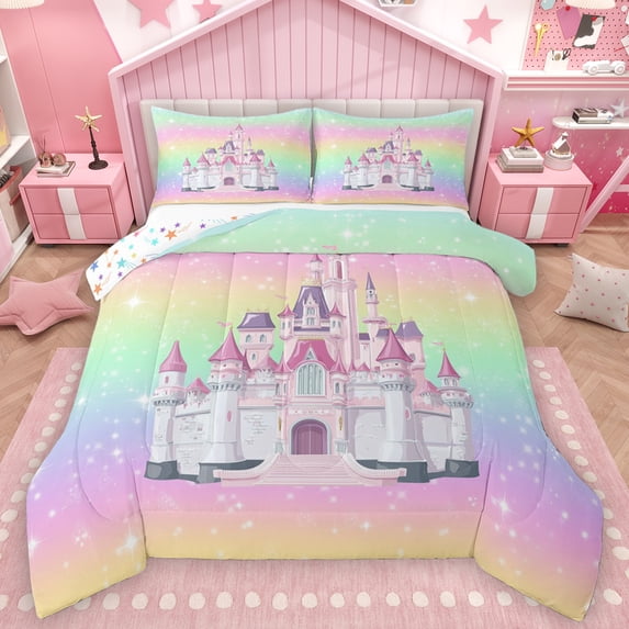 Feelyou Princess Dreamy Castle Bedding Comforter Set, Cartoon Cute Rainbow Twin Comforter Sets, Bling Stars Print Reversible Bedding Set, Breathable Home Decor, 2-Piece