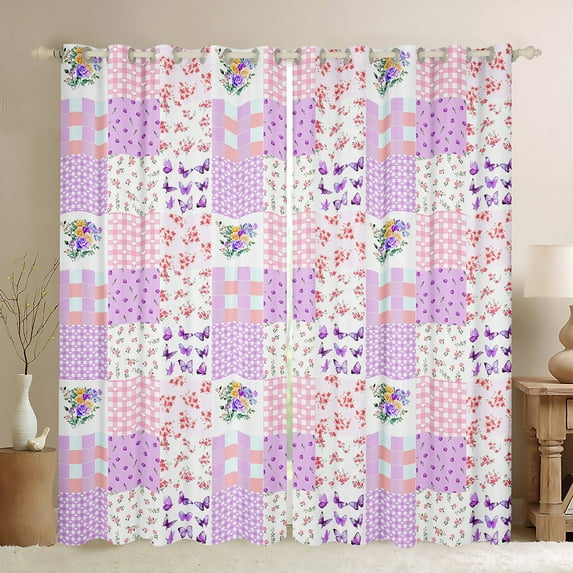 Feelyou Princess Flower Kids Curtains Pack of 2 (42x84 Each), Romantic Butterfly Curtains Blackout, Fashion Purple Check Plaid Bedroom Curtains, Black Out Curtains Decor