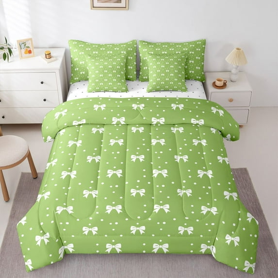 Feelyou Princess Green Ribbon Comforter Set 7pcs, Bowknot Polkadots King Bedding Sets