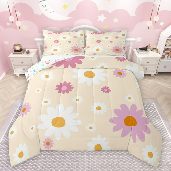 Feelyou Princess Groovy Flower Bedding Comforter Set, Cartoon Daisy Floral Twin Comforter Sets, Teens Kids Girls Women Reversible Bedding Set, Luxury Bedroom Decor, 2 Pieces
