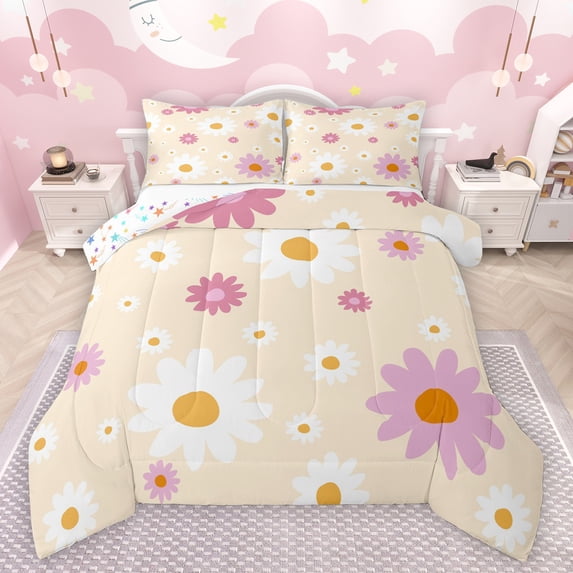 Feelyou Princess Groovy Flower Queen Comforter Set, Cartoon Daisy Floral Bedding Sets, Teens Kids Girls Women Reversible Bedding Comforter Set, Luxury Bedroom Decor, 3 Pieces