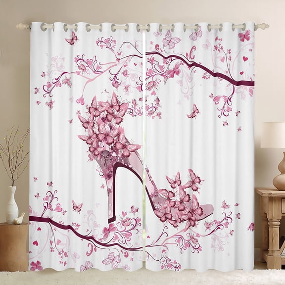 Feelyou Princess High Heel Black Out Curtains for Girl, Romantic Pink Butterfly Curtains Pack of 2 (42x63 Each), Flower Floral Bedroom Curtains, Curtains and Drapes Decor