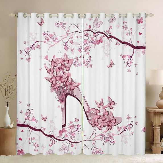 Feelyou Princess High Heel Black Out Curtains for Girl, Romantic Pink Butterfly Curtains Pack of 2 (42x63 Each), Flower Floral Bedroom Curtains, Curtains and Drapes Decor