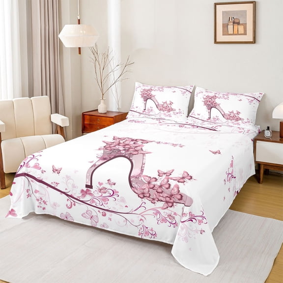 Feelyou Princess High Heel Twin Sheet Sets for Girl, Romantic Pink Butterfly Twin Fitted Sheet, Flower Floral Flat Sheet, Lightweight Room Decor, 3pcs
