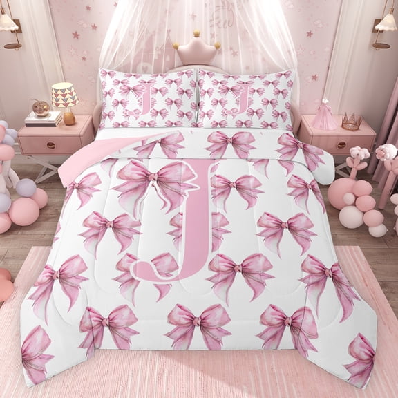 Feelyou Princess Initial J Letter Bedding Comforter Set, Fashion Pink Bowknot Twin Comforter Sets, Teens Kids Girls Women Reversible Bedding Set, Luxury Bedroom Decor, 2-Piece