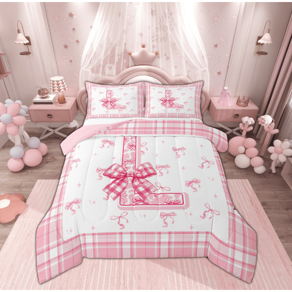 Feelyou Princess Initial Letter Full Size Comforter Sets, Bowknot Monogrammed L Bedding Comforter Set, Kawaii Cartoon Bow Reversible Bedding Sets, Luxury Bedroom Decor, 3pcs