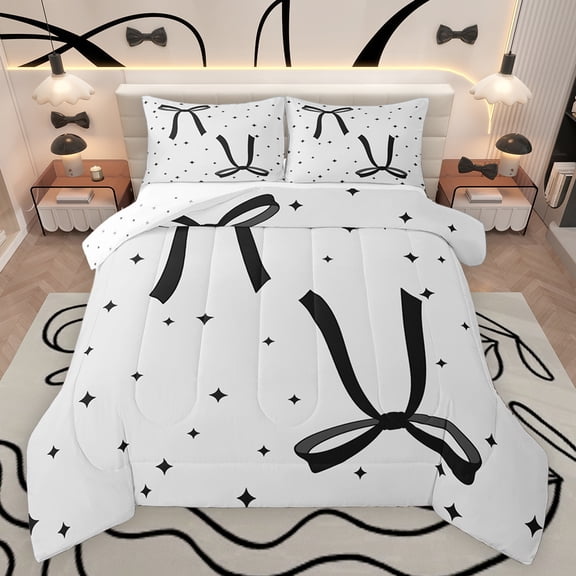 Feelyou Princess Kawaii Bow Bedding Comforter Set for Kids, Black Cartoon Stars Twin Comforter Sets, Cute Bowknot Reversible Bedding Set, Microfiber Bedroom Decor, 2pcs