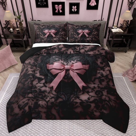Feelyou Princess Kawaii Bow Queen Comforter Set for Kids, Black Pink Bowknot Bedding Sets, Modern Fashion Style Reversible Bedding Comforter Set, Lightweight Room Decor, 3 Pieces