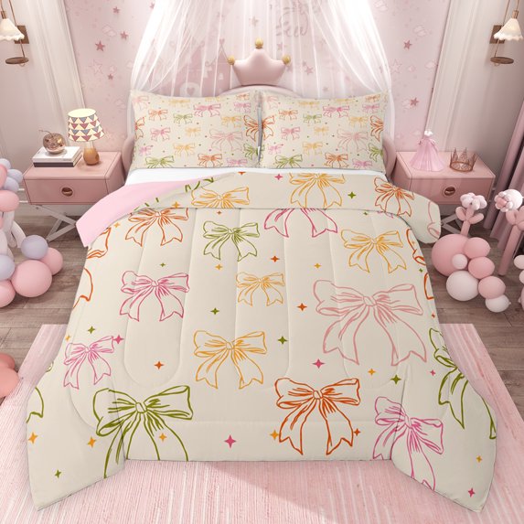 Feelyou Princess Kawaii Bow Queen Comforter Set for Kids, Dreamy Stars Print Bedding Sets, Fashion Bowknot Theme Reversible Bedding Comforter Set, Lightweight Room Decor, 3-Piece