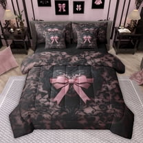 Feelyou Princess Kawaii Bow Twin Bedding Sets 7-Piece for Kids, Black Pink Bowknot Bedding Comforter Set, Modern Fashion Style Reversible Sheet Sets, Lightweight Room Decor