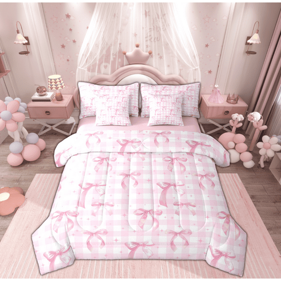 Feelyou Princess Kawaii Ribbon Bedding Comforter Set 7 Pieces, Pink Buffalo Plaid Full Bedding Set, Teens Boys Girls Kids Reversible Fitted Sheet Flat Sheet, Luxury Bedroom Decor