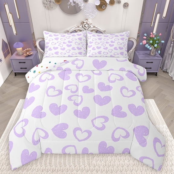 Feelyou Princess Love Heart Bedding Comforter Set, Dreamy Purple Cartoon Twin Comforter Sets, Teens Kids Boys Girls Reversible Bedding Set, Luxury Bedroom Decor, 2pcs